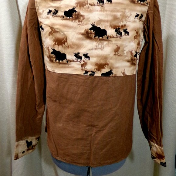 Western Snap up Shirt Jacket XS Brown Siennas Moose scene Corduroy Southwestern - Picture 7 of 7